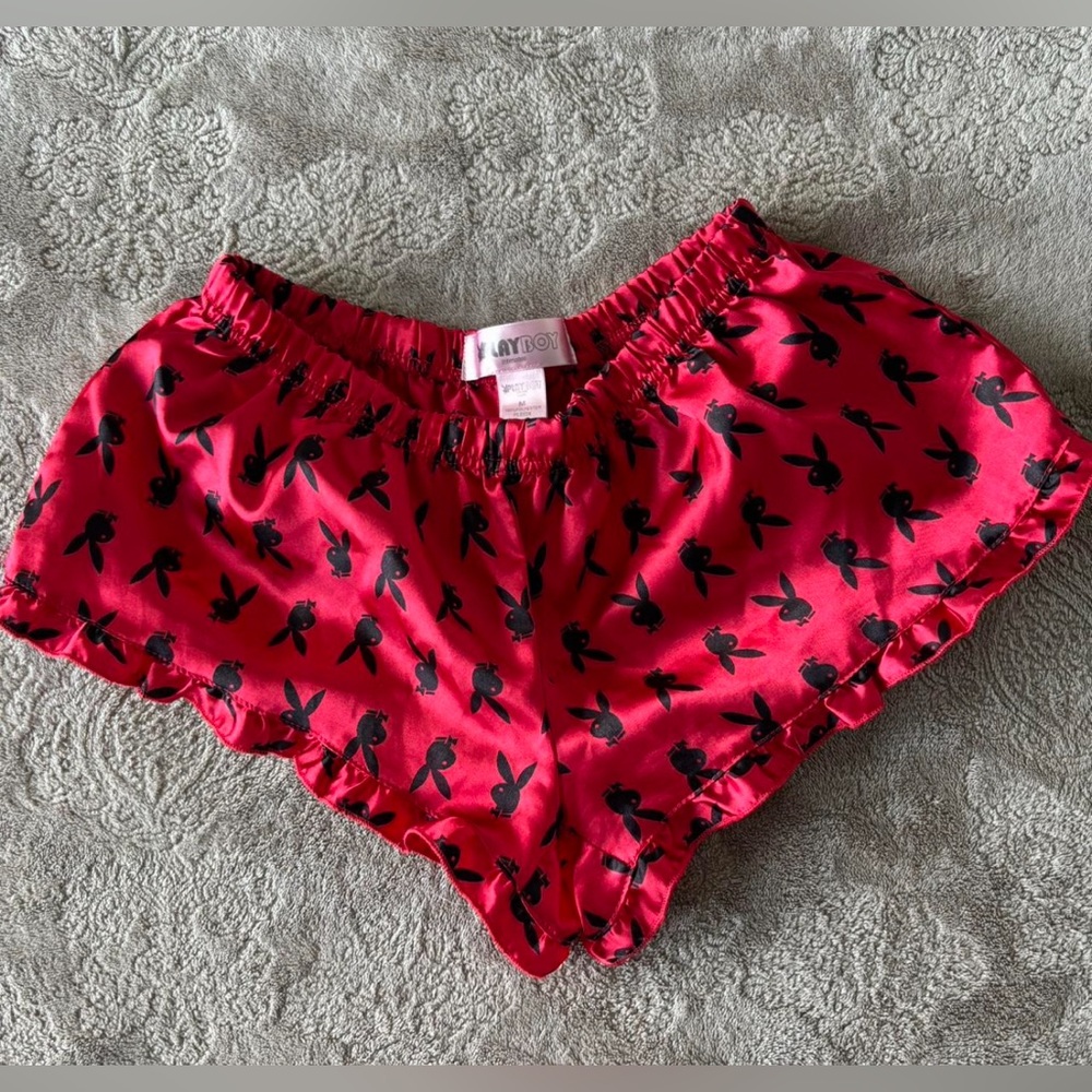 PLAYBOY Red Satin Shorts with Black Bunny Design